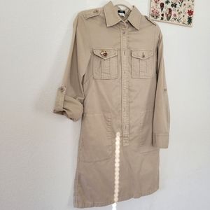 J. CREW Dress Beige Tan Safari Shirt-dress Long Sleeve Collared Size O, S